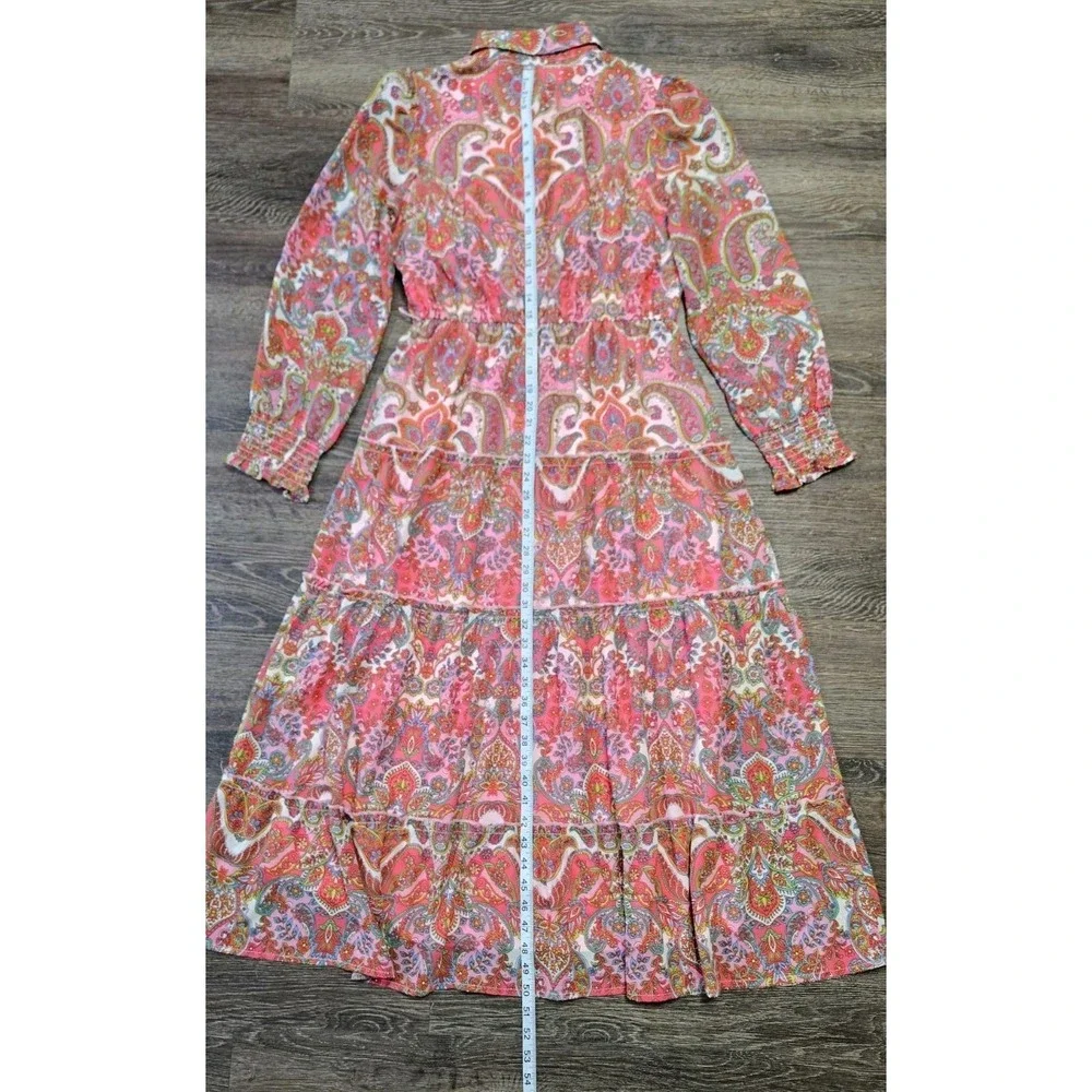 Harlow & Rose Pink Paisley Print Long-sleeve Midi Dress Size Medium Missing Belt - Picture 12 of 16